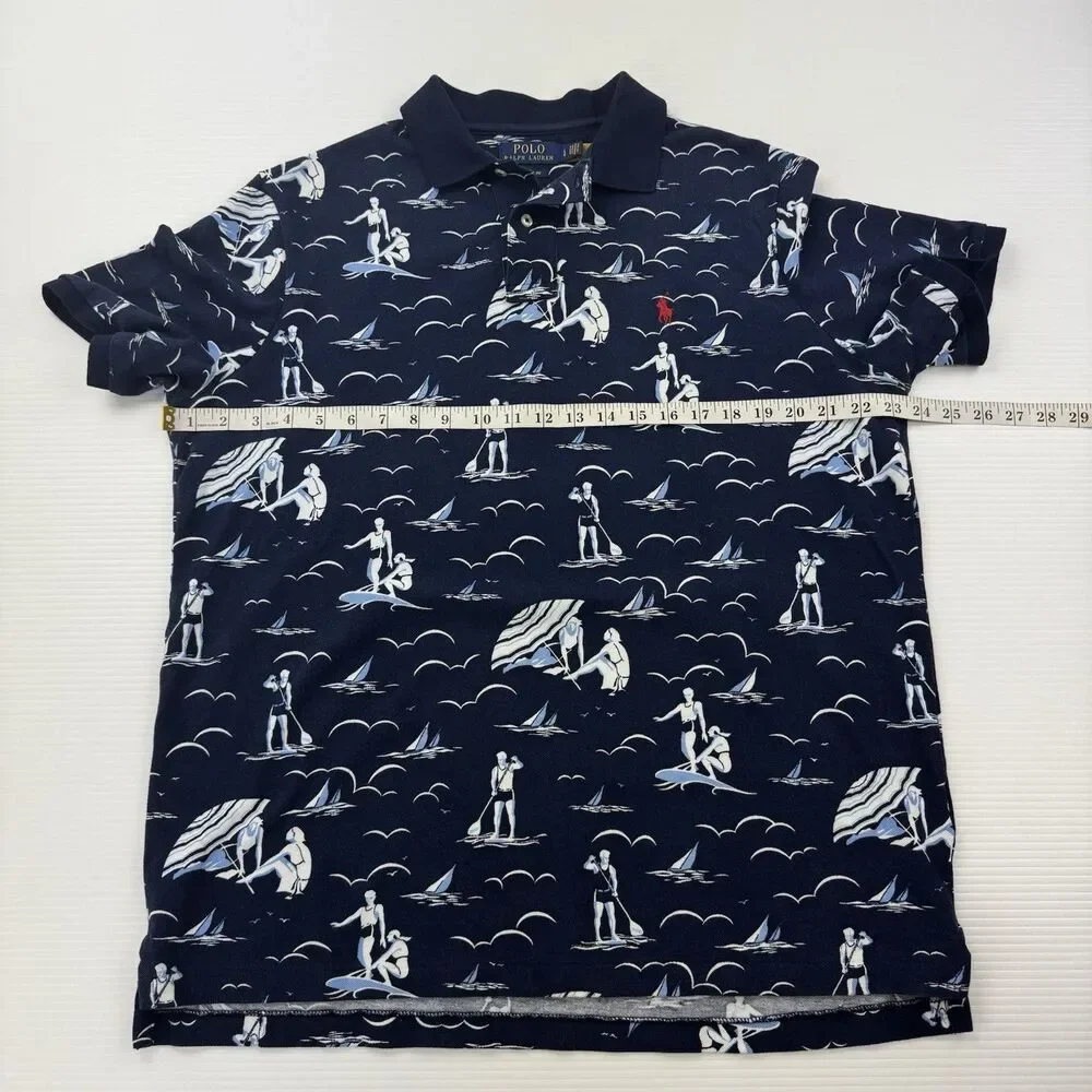 Polo Ralph Lauren Classic Fit Polo Shirt Surf Beach Print Navy Men’s Large L